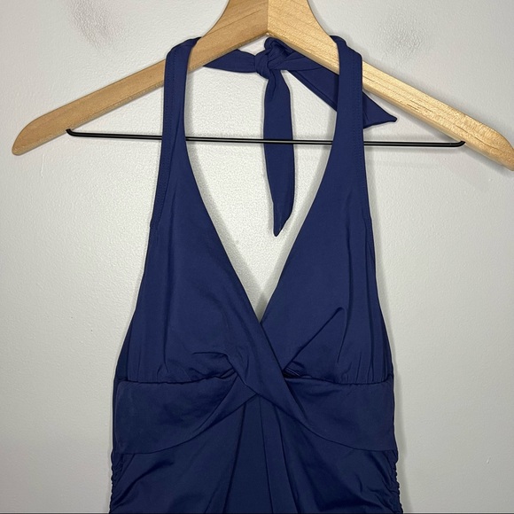 Lands' End Tie Halter Side Cinch Soft Cup Tankini Top in Blue 2P 2 Petite - Picture 4 of 7